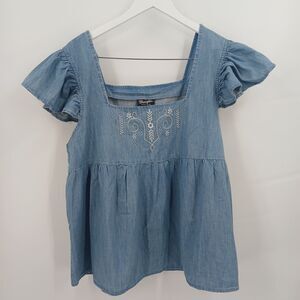 Wrangler Retro Western Blouse Womens XL Blue Floral Embroidered Boho Chic
